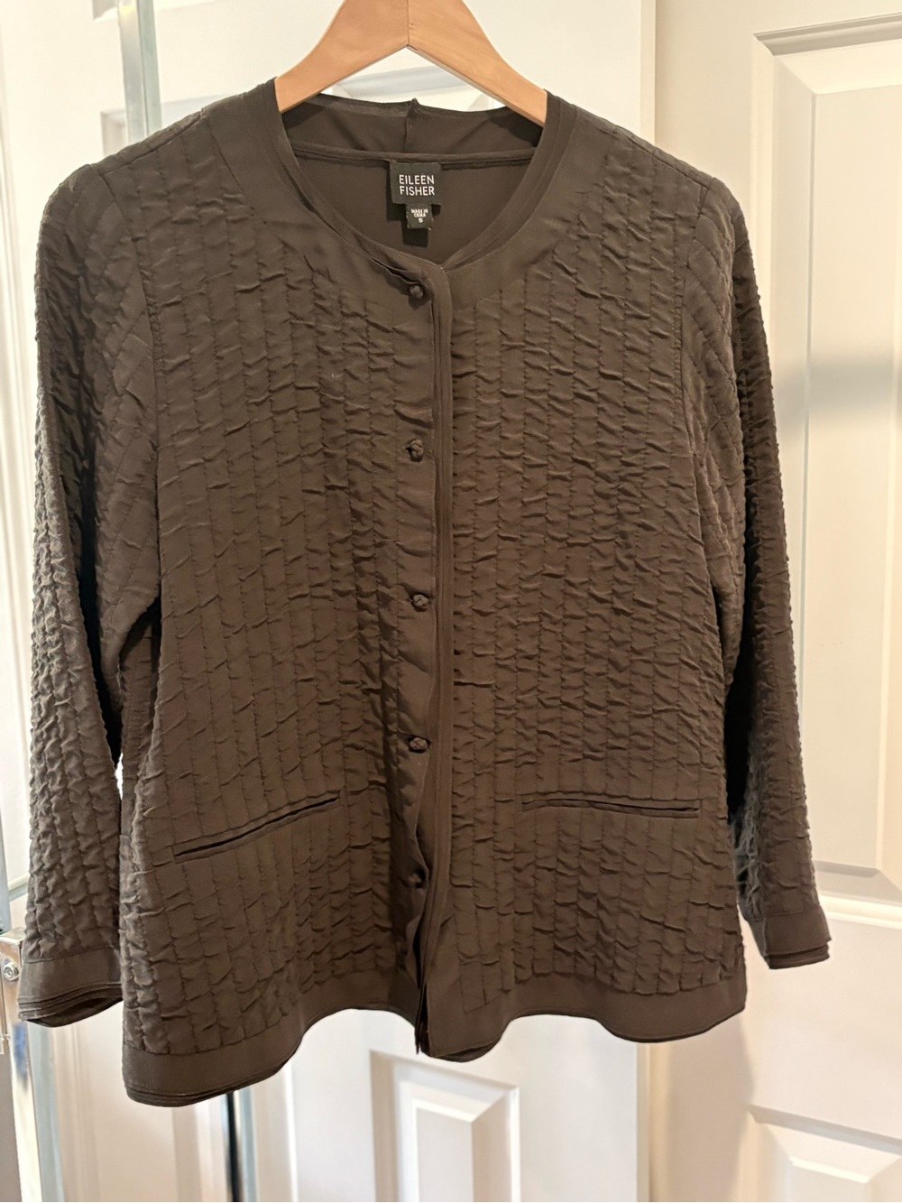 Eileen Fisher Chocolate Brown Textured Button-Front Knit Jacket